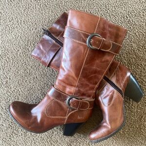 Boc by Born Women's Boots Block Heel Leather Zip Up Chestnut Size 7 Mid Calf